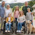barrierefreier-urlaub-mit-familie-der-grosse-guide-1790119840 - Ferienwohnungen Gutenbrunn Multigenerational family outdoors with two people in wheelchairs, standing relatives, and a golden retriever.