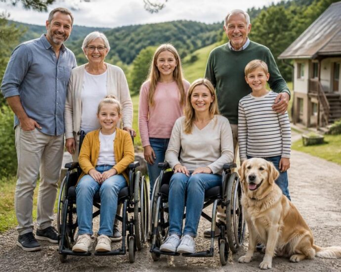 Multigenerational family outdoors with two people in wheelchairs, standing relatives, and a golden retriever.