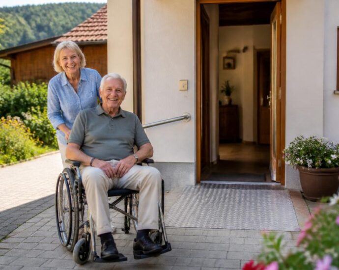 Starší muž na invalidnom vozíku, ktorého tlačí usmievajúca sa opatrovateľka pred domom s otvorenými dverami a rampou.