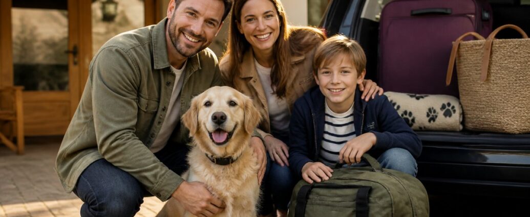 checkliste-fur-den-ersten-urlaub-mit-hund-1792215541 - Ferienwohnungen Gutenbrunn Happy family of three and their golden retriever posing beside an open car trunk filled with luggage, ready for a road trip.