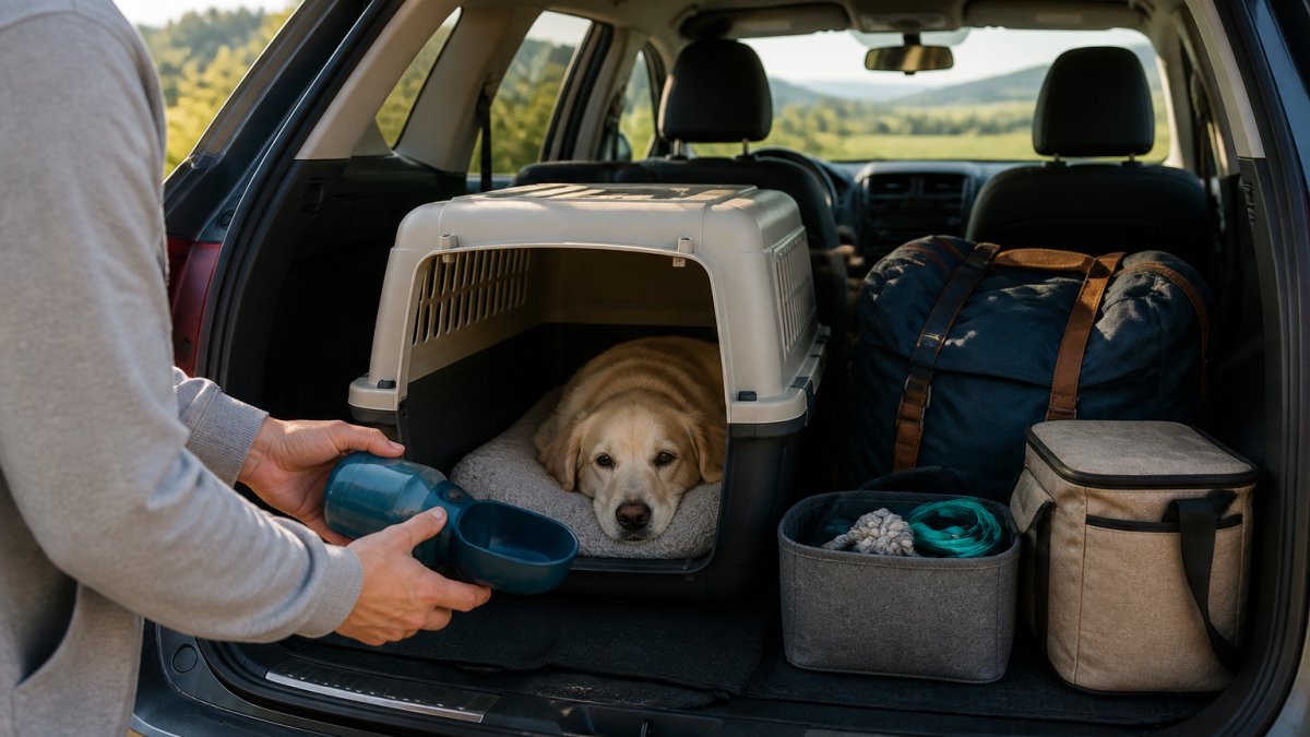 Ein Hund liegt entspannt in einer Transportbox im Kofferraum eines gepackten Autos, daneben eine Wasserflasche und ein mobiler Trinknapf, Blick durch das geöffnete Heckfenster auf grüne Landschaft