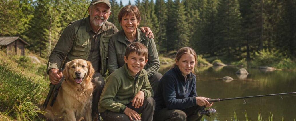 die-schonsten-angelteiche-im-waldviertel-entdecken-1790897610 - Ferienwohnungen Gutenbrunn A cheerful family of four with a golden retriever sit by a calm lake, fishing in a forested area and smiling at the camera.