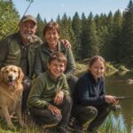 die-schonsten-angelteiche-im-waldviertel-entdecken-1790897610 - Ferienwohnungen Gutenbrunn A cheerful family of four with a golden retriever sit by a calm lake, fishing in a forested area and smiling at the camera.