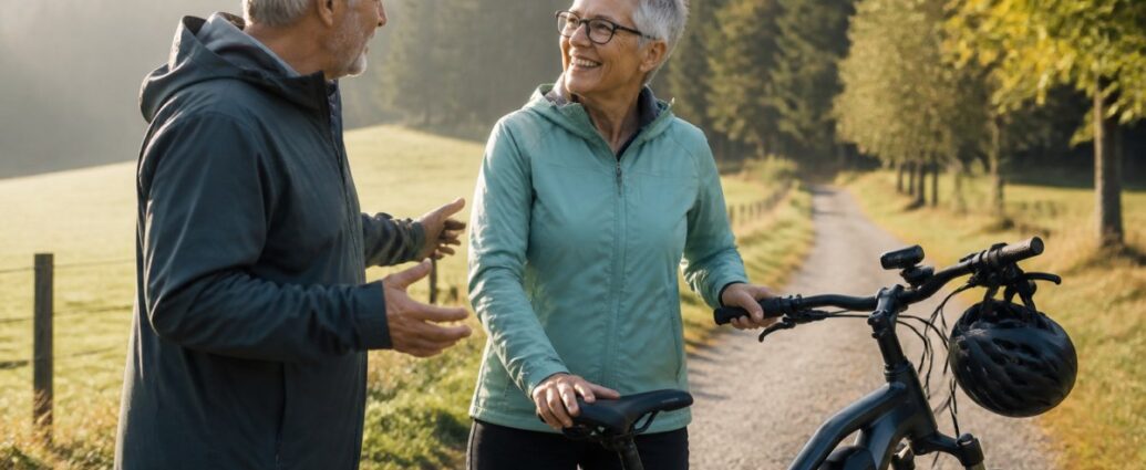e-bike-fahrtechnik-training-fur-senioren-schritt-fur-schritt-1792717372 - Ferienwohnungen Gutenbrunn Two older adults chat beside a gravel country path with a bike and helmet hanging on the front, smiling at each other.