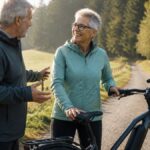 e-bike-fahrtechnik-training-fur-senioren-schritt-fur-schritt-1792717372 - Ferienwohnungen Gutenbrunn Two older adults chat beside a gravel country path with a bike and helmet hanging on the front, smiling at each other.
