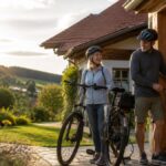 e-bike-ladestationen-in-niederosterreich-finden-2026-guide-1791932479 - Ferienwohnungen Gutenbrunn Couple with helmets beside their bikes outside a wooden house, the man plugging in an electric charger as the sun sets over a countryside yard.