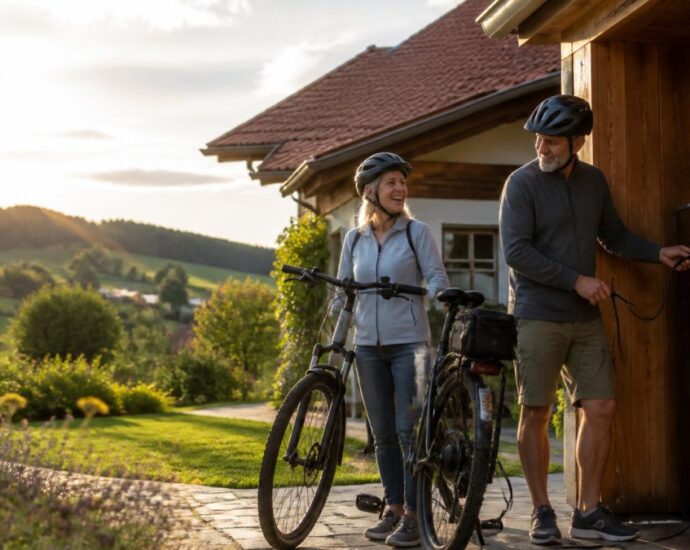 Pár s prilbami vedľa svojich bicyklov pred dreveným domom; muž zapája elektrickú nabíjačku, zatiaľ čo nad vidieckym dvorom zapadá slnko.
