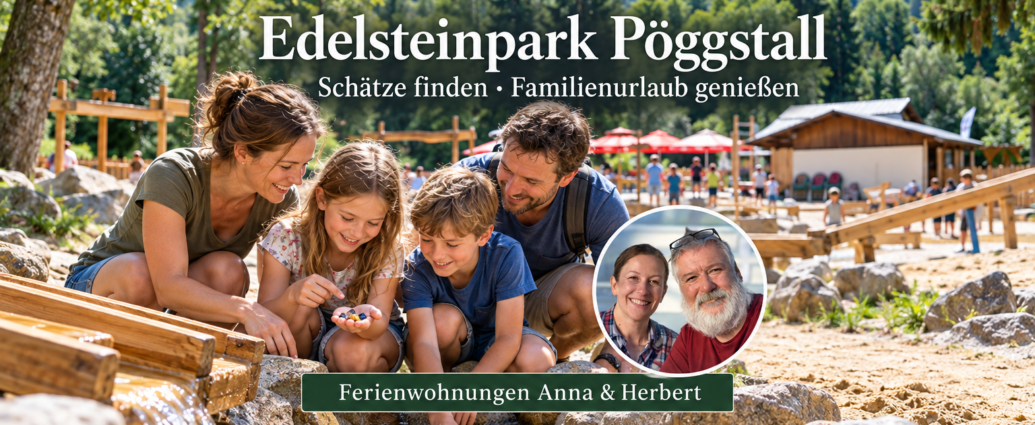 Edelsteinpark Pöggstall – Schatzsuche für Familien - Ferienwohnungen Gutenbrunn KI-generierte Familienszene bei der Edelsteinsuche im Edelsteinpark Pöggstall mit Foto-Badge von Anna und Herbert.