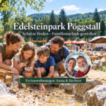 Edelsteinpark Pöggstall – Schatzsuche für Familien - Ferienwohnungen Gutenbrunn KI-generierte Familienszene bei der Edelsteinsuche im Edelsteinpark Pöggstall mit Foto-Badge von Anna und Herbert.