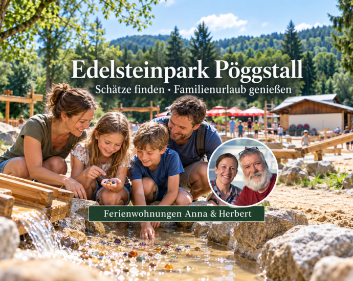 KI-generierte Familienszene bei der Edelsteinsuche im Edelsteinpark Pöggstall mit Foto-Badge von Anna und Herbert.