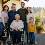 erfahrungsbericht-urlaub-im-waldviertel-mit-der-familie-1791308387 - Ferienwohnungen Gutenbrunn Grandmother in a wheelchair surrounded by family and a black-and-tan dog outdoors in front of a home.