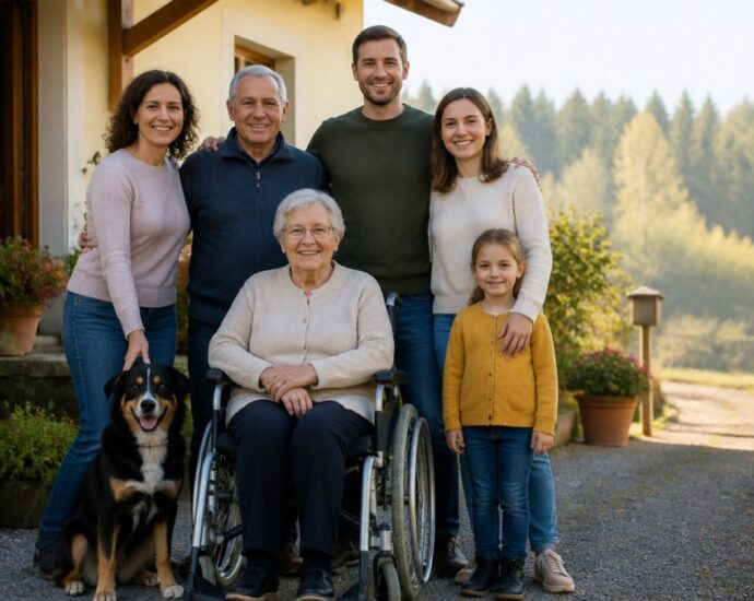 A grandmother in a wheelchair, surrounded by her family and a black-and-tan dog, outdoors in front of a house.