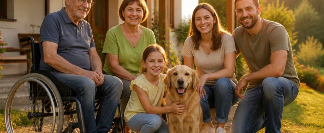 A multigenerational family smiling with a golden retriever outside a house at sunset.