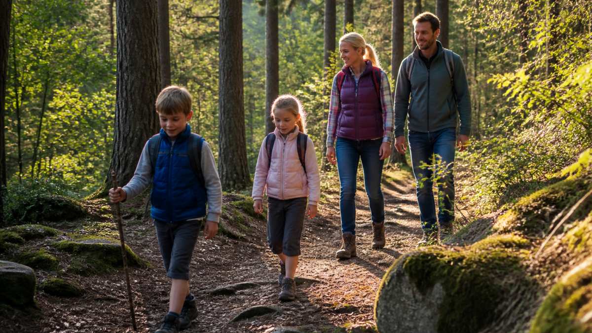 Eine Familie mit Kindern, die auf einem markierten Wanderweg durch einen lichten Wald im Waldviertel spaziert, sanftes Nachmittagslicht, Rucksäcke und Wanderschuhe, entspannte Gesichter