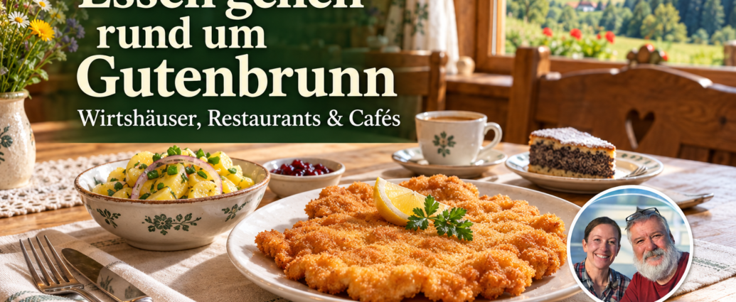 Essen gehen rund um Gutenbrunn - Ferienwohnungen Gutenbrunn Schnitzel mit Erdäpfelsalat, Kaffee und Mohnkuchen in einer Wirtshausszene mit Foto-Badge von Anna und Herbert.