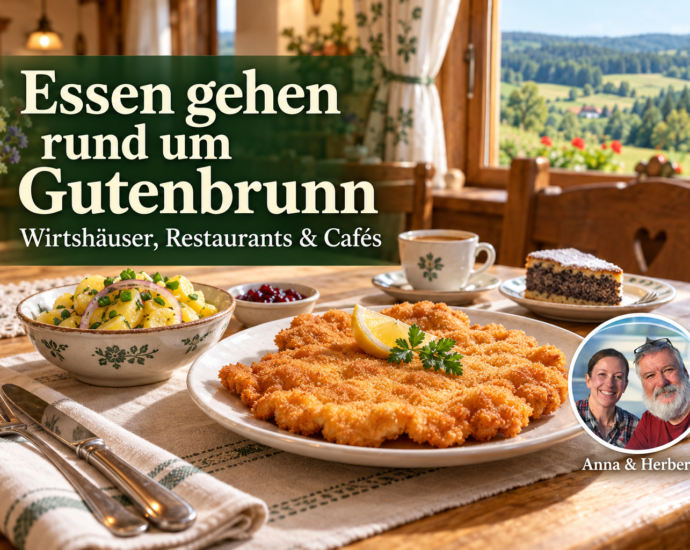 Schnitzel mit Erdäpfelsalat, Kaffee und Mohnkuchen in einer Wirtshausszene mit Foto-Badge von Anna und Herbert.