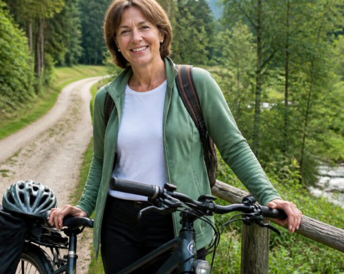 Usmievajúca sa žena v zelenej bundy s batohom stojí vedľa bicykla na lesnej poľnej ceste, s prilbou v ruke a neďaleko tečie potok.