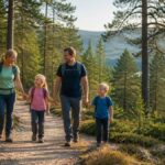 familienfreundliche-wanderwege-im-waldviertel-fur-anfanger-1791348555-1 - Ferienwohnungen Gutenbrunn Family of four hiking a forest trail, holding hands, with tall pines and a lake in the distance.