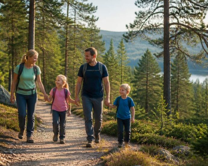 A family of four hiking along a forest trail, holding hands, with tall pine trees and a lake in the distance.