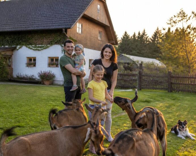 A family outside at sunset in a grassy yard; the parents and their two children are interacting with several goats while a dog rests nearby, with a barn behind them.