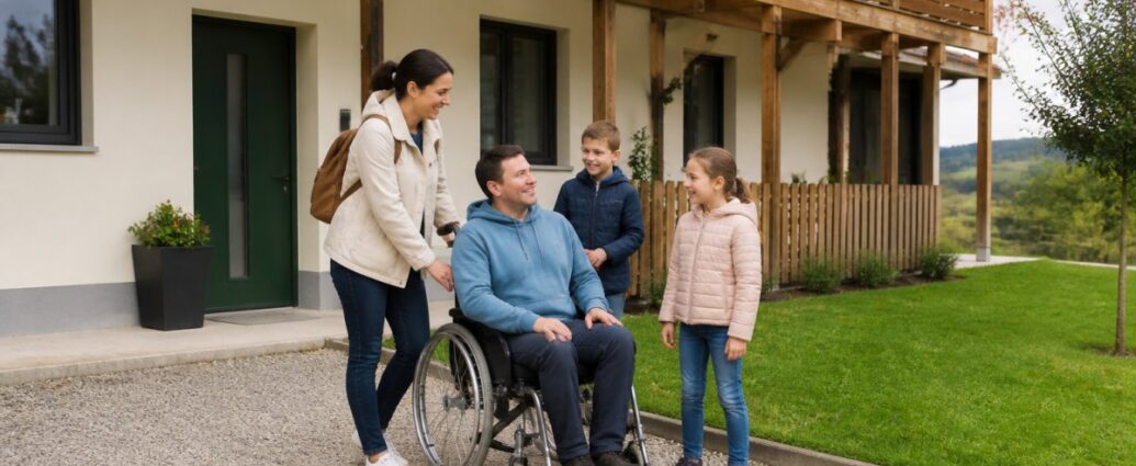 Planning a Family Vacation with a Wheelchair: Step by Step - 1791827646 - Gutenbrunn Vacation Rentals A mother pushes a man in a wheelchair while two children smile next to a light-colored house with a wooden balcony outside.