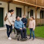 familienurlaub-mit-rollstuhl-planen-schritt-fur-schritt-1791827646 - Ferienwohnungen Gutenbrunn Mother pushes a man in a wheelchair as two children smile beside a light-colored house with a wooden balcony outside.