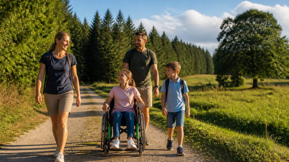 A family with a child in a wheelchair is enjoying time together on a flat nature trail, surrounded by green forests and meadows under a blue sky, as they all stroll along at a leisurely pace