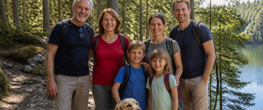 familienurlaub-waldviertel-natur-pur-2026-erleben-1789946820 - Ferienwohnungen Gutenbrunn Family of six with a golden retriever posing on a forest trail by a lake, backpacks on, smiling at the camera.