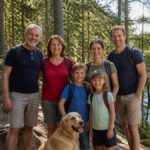familienurlaub-waldviertel-natur-pur-2026-erleben-1789946820 - Ferienwohnungen Gutenbrunn Family of six with a golden retriever posing on a forest trail by a lake, backpacks on, smiling at the camera.