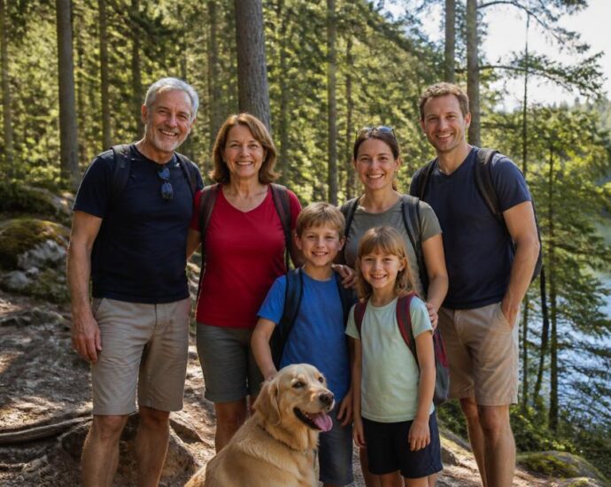 A family of six with a golden retriever posing on a forest trail by a lake, wearing backpacks and smiling at the camera.