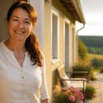 Vacation Rental in the Waldviertel: A Guide to Booking Correctly - 1791471736 - Vacation Rentals in Gutenbrunn A smiling woman stands in the doorway of a sunny porch, with a rural garden and rolling hills in the background.
