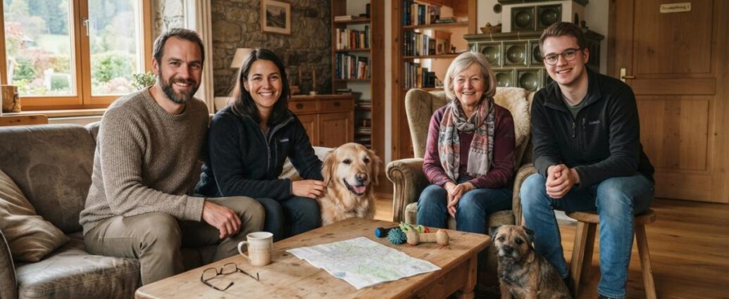 ferienwohnung-mit-hund-lohnt-sich-der-preis-1790228681 - Ferienwohnungen Gutenbrunn Warm living room scene with a smiling family of four and two dogs gathered around a coffee table with a map on it.