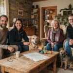 ferienwohnung-mit-hund-lohnt-sich-der-preis-1790228681 - Ferienwohnungen Gutenbrunn Warm living room scene with a smiling family of four and two dogs gathered around a coffee table with a map on it.