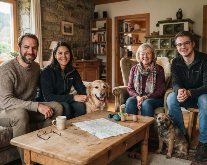 A cozy living room scene featuring a smiling family of four and two dogs gathered around a coffee table with a map on it.
