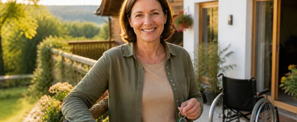 Vacation Rental vs. Hotel in the Waldviertel—Which Is Better? 1791471754 - Gutenbrunn Vacation Rentals A smiling woman standing on a sunny porch, holding a set of keys, with a wheelchair visible next to a house in the background.
