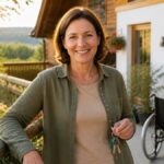 ferienwohnung-vs-hotel-im-waldviertel-was-ist-besser-1791471754 - Ferienwohnungen Gutenbrunn Smiling woman standing on a sunny porch, holding a set of keys, with a wheelchair visible beside a house in the background.