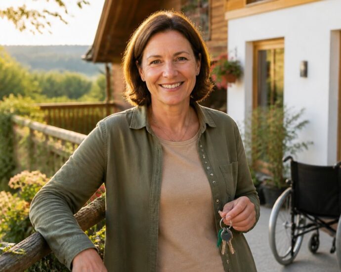A smiling woman standing on a sunny porch, holding a set of keys, with a wheelchair visible next to a house in the background.