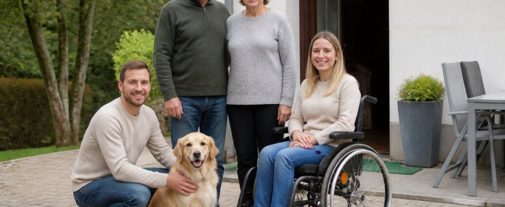 ferienwohnung-waldviertel-buchen-schritt-fur-schritt-anleitung-1791735248 - Ferienwohnungen Gutenbrunn Four people and a dog pose outdoors in front of a house: a man crouches beside a golden retriever while an older couple stands behind them, and a woman in a wheelchair sits to the right.