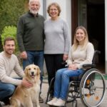 vacation-rental-waldviertel-booking-step-by-step-guide-1791735248 - Vacation Rentals in Gutenbrunn Four people and a dog are posing outdoors in front of a house: a man is crouching next to a golden retriever while an older couple stands behind them, and a woman in a wheelchair is sitting to the right.