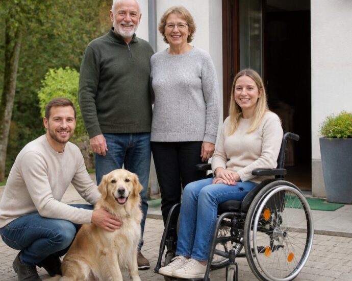Four people and a dog are posing outdoors in front of a house: a man is crouching next to a golden retriever while an older couple stands behind them, and a woman in a wheelchair is sitting to the right.