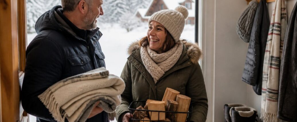 ferienwohnung-winterurlaub-checkliste-fur-optimale-ausstattung-1791524888 - Ferienwohnungen Gutenbrunn Couple in winter coats smiling at a doorway; woman carries a basket of firewood and a scarf, man holds blankets behind him outside a snowy scene.