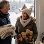 vacation-rental-winter-vacation-checklist-for-optimal-amenities-1791524888 - Gutenbrunn Vacation Rentals A couple in winter coats smiling at a doorway; the woman is carrying a basket of firewood and a scarf, and the man is holding blankets behind him outside a snowy scene.