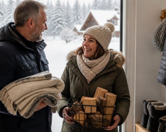 A couple in winter coats smiling at a doorway; the woman is carrying a basket of firewood and a scarf, and the man is holding blankets behind him outside a snowy scene.