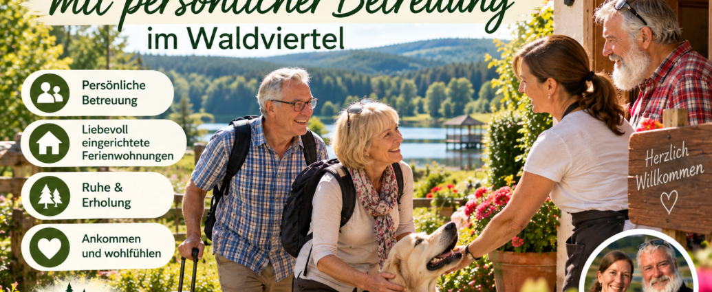 rekreační apartmány ve Waldviertelu s osobním přístupem – rekreační apartmány Anny a Herberta – Rekreační apartmány Gutenbrunn Banner pro prázdninové apartmány Gutenbrunn ve Walviertelu: hlavní přednosti – osobní péče, útulné apartmány, odpočinek a vřelé přivítání; hostitel vítá hosty se psem před prázdninovým domem.