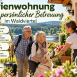 ferienwohnungen waldviertel persönlicher betreuung ferienwohnungen anna und herbert - Ferienwohnungen Gutenbrunn Banner for Ferienwohnungen Gutenbrunn im Walviertel: highlights personal care, cozy apartments, rest and welcome; host greets guests with a dog outside a vacation home.
