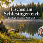 Fischen am Schlesingerteich in Bärnkopf - Ferienwohnungen Gutenbrunn Angler an einem herbstlichen Waldteich mit Schriftzug „Fischen am Schlesingerteich“ und Foto-Badge von Anna und Herbert.