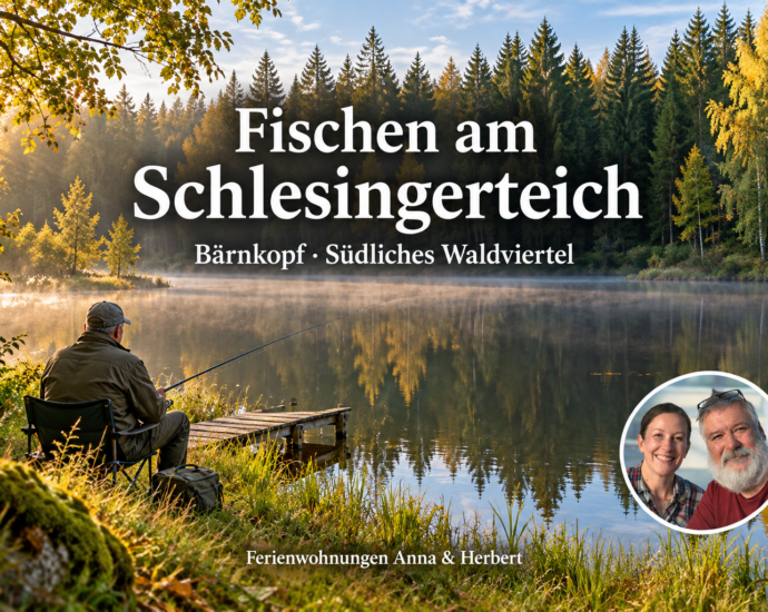 Angler an einem herbstlichen Waldteich mit Schriftzug „Fischen am Schlesingerteich“ und Foto-Badge von Anna und Herbert.