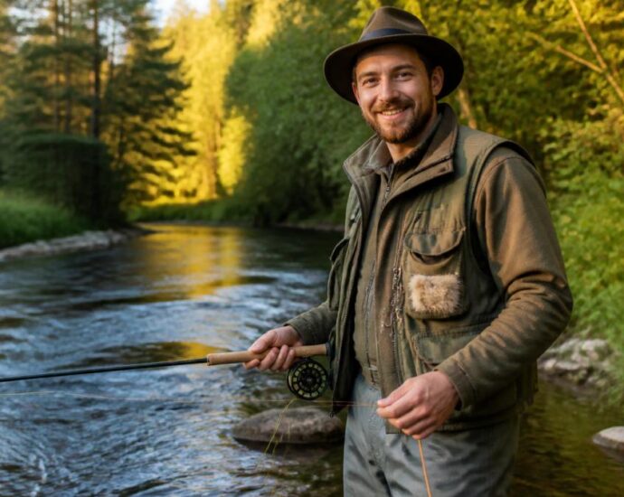 Muž v klobouku a outdoorové vestě, který loví na mušku u řeky v lese a usmívá se do objektivu.