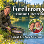 Forellenangeln rund um Gutenbrunn - Ferienwohnungen Gutenbrunn Anglerin mit einer Regenbogenforelle im Kescher am Waldteich, mit Titel und Anna-und-Herbert-Badge