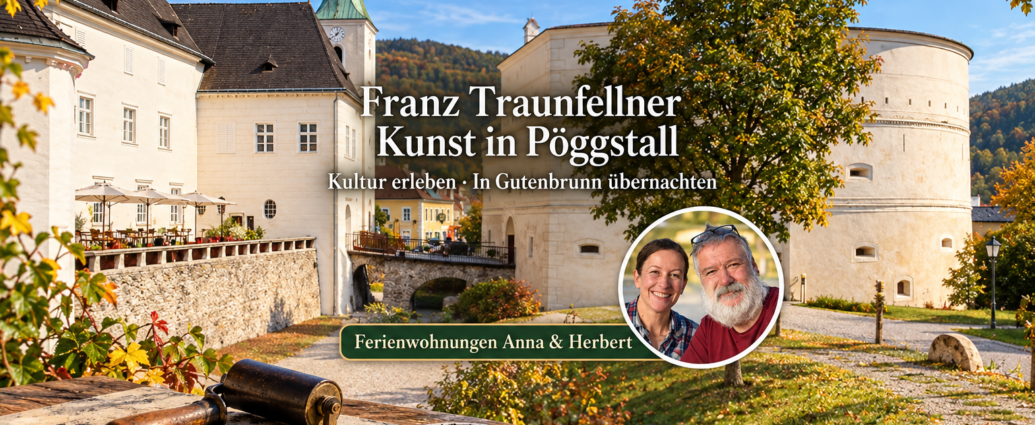 Franz Traunfellner – Kunst in Pöggstall - Ferienwohnungen Gutenbrunn KI-generiertes Beitragsbild zur Franz-Traunfellner-Dokumentation mit Schloss Pöggstall, symbolischen Druckwerkzeugen und Foto-Badge von Anna und Herbert.